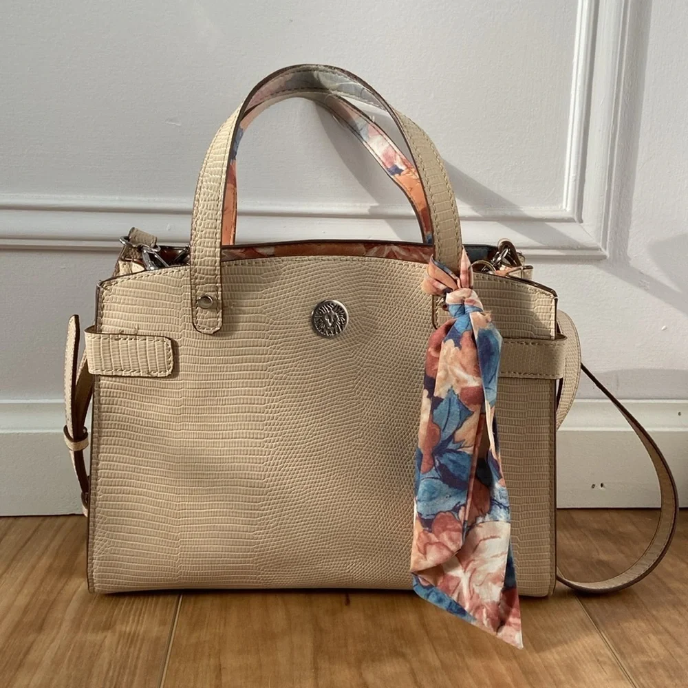 Anne Klein Bonded Satchel Triple Compartment Taupe Neutral Spring Crossbody